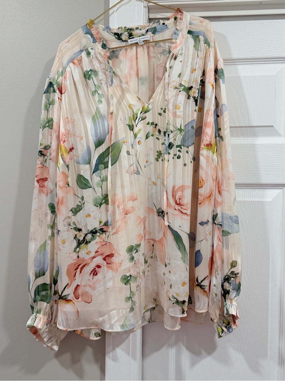 Floral Pleated V-Neck Blouse in Soft Peach and Green